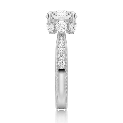 Vertical shank profile view showing pave moissanite stones and vintage milgrain border