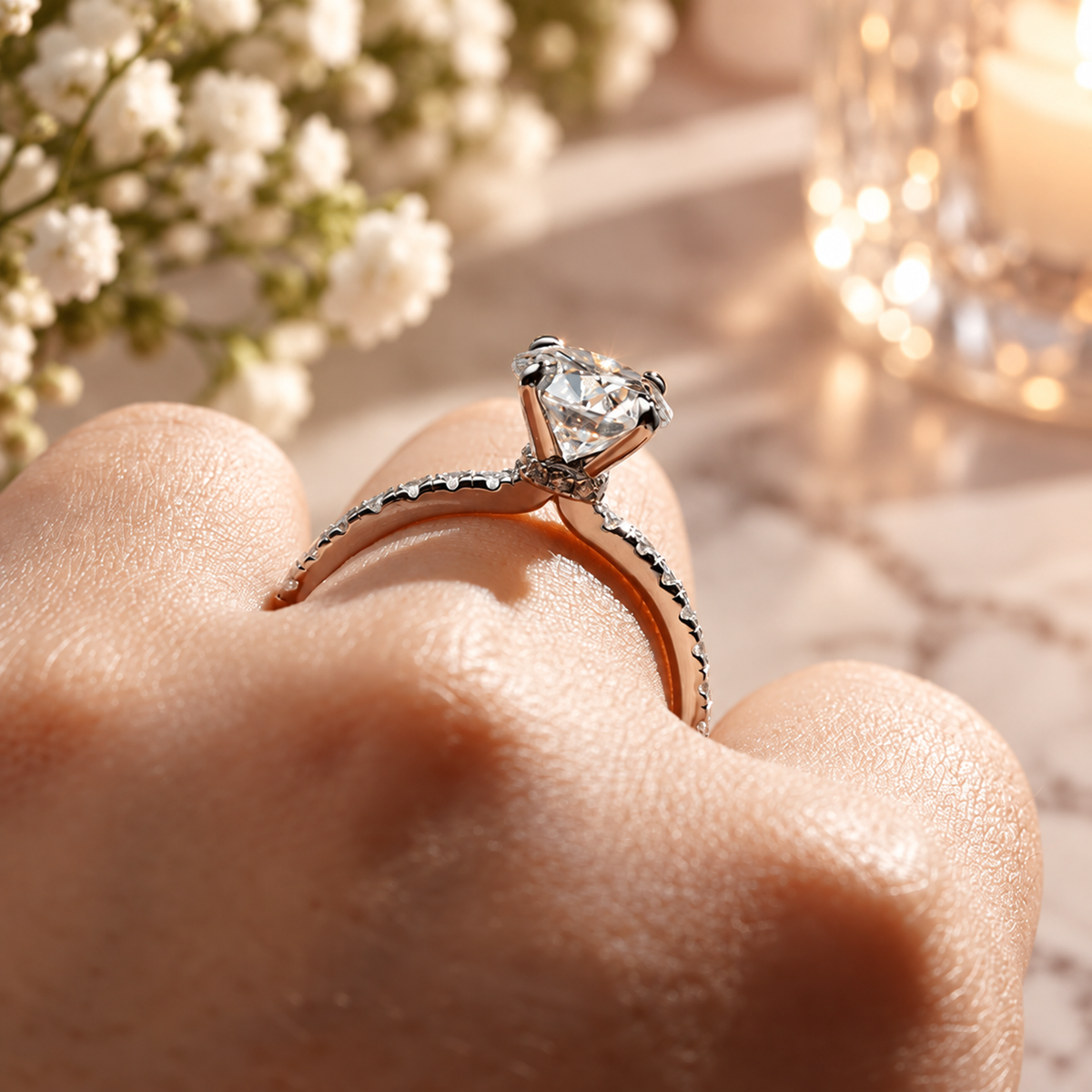 On-hand view of brilliant round cut moissanite engagement ring with pave shank