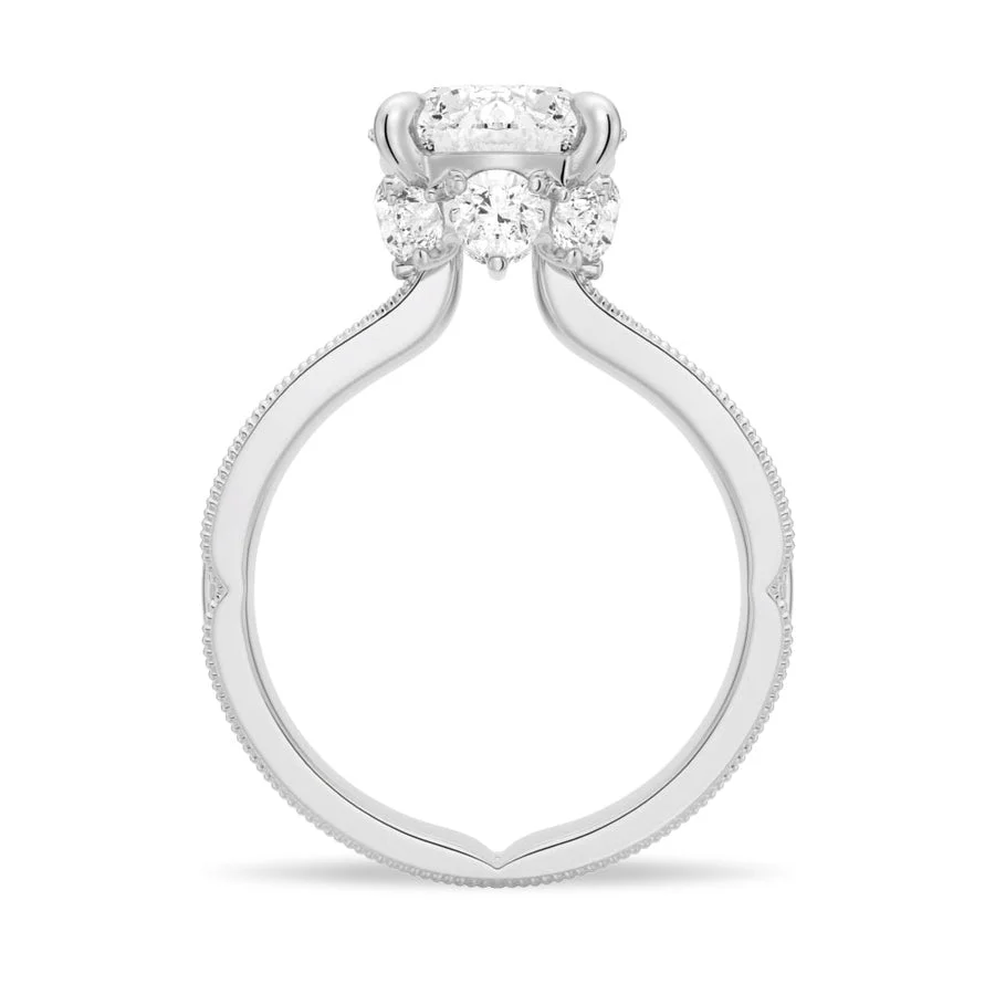 Direct side profile rendering of round moissanite ring displaying hidden halo basket and milgrain details