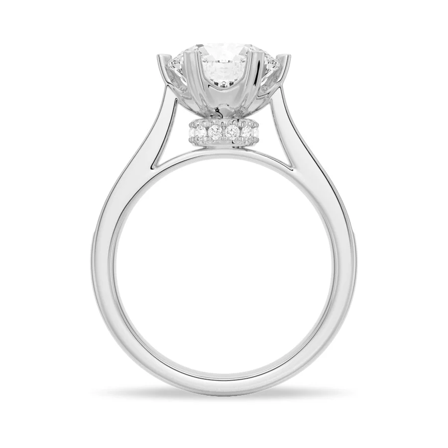 White gold round moissanite engagement ring 3/4 perspective view showing hidden collar
