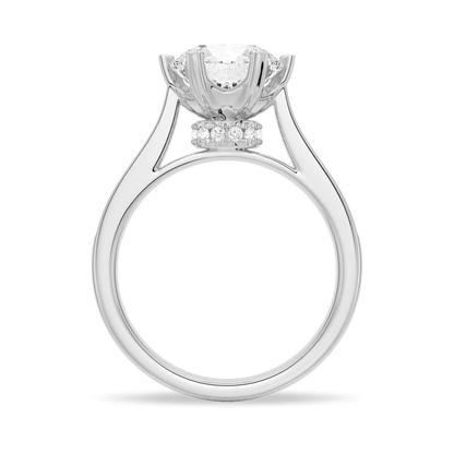 White gold round moissanite engagement ring 3/4 perspective view showing hidden collar