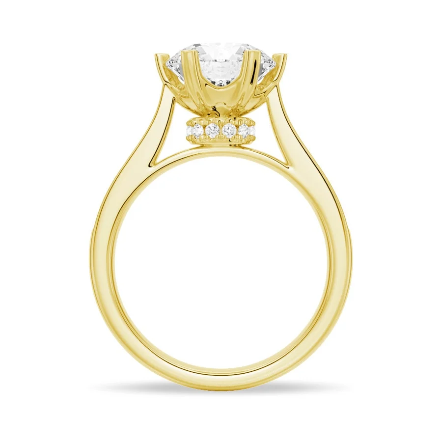 Yellow gold round moissanite engagement ring side profile showing hidden basket halo