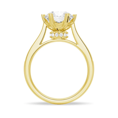 Yellow gold round moissanite engagement ring side profile showing hidden basket halo