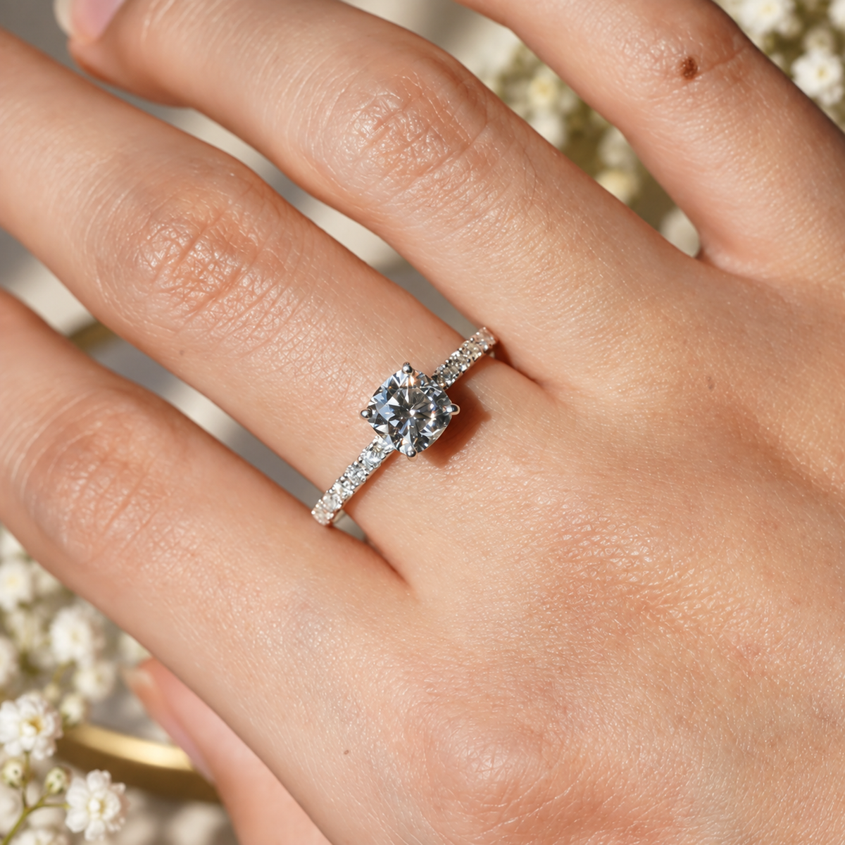 On-hand view of brilliant round cut moissanite engagement ring with pave shank