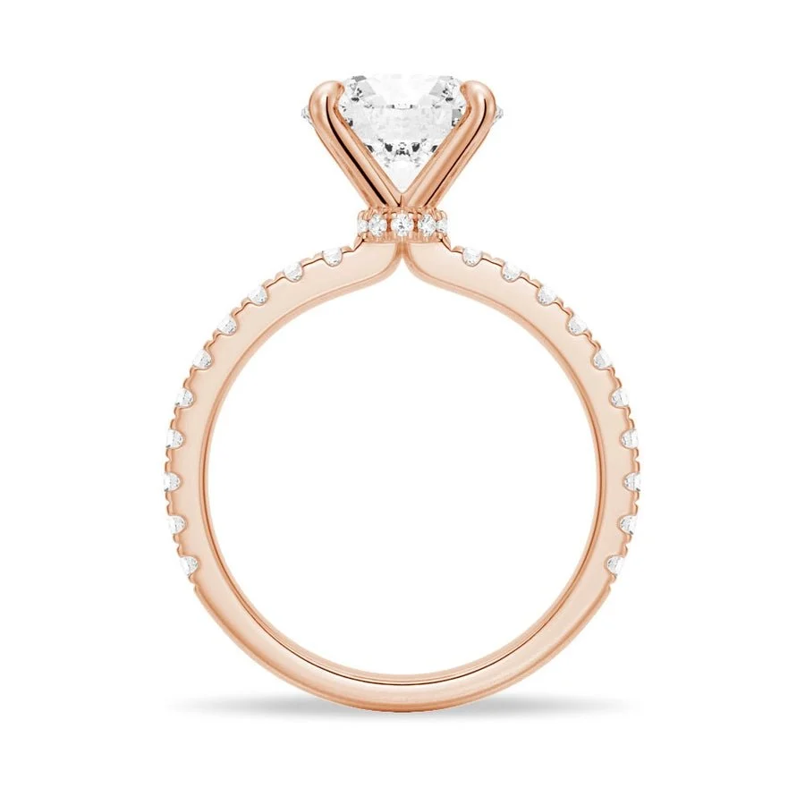 Direct circular profile view of rose gold round moissanite hidden halo ring