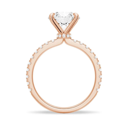 Direct circular profile view of rose gold round moissanite hidden halo ring