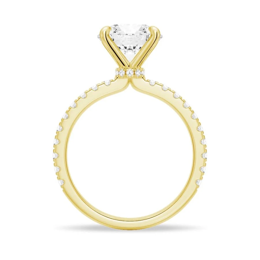 Direct circular profile view of yellow gold round moissanite hidden halo ring