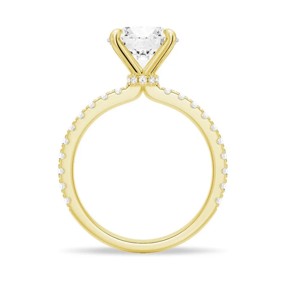 Direct circular profile view of yellow gold round moissanite hidden halo ring