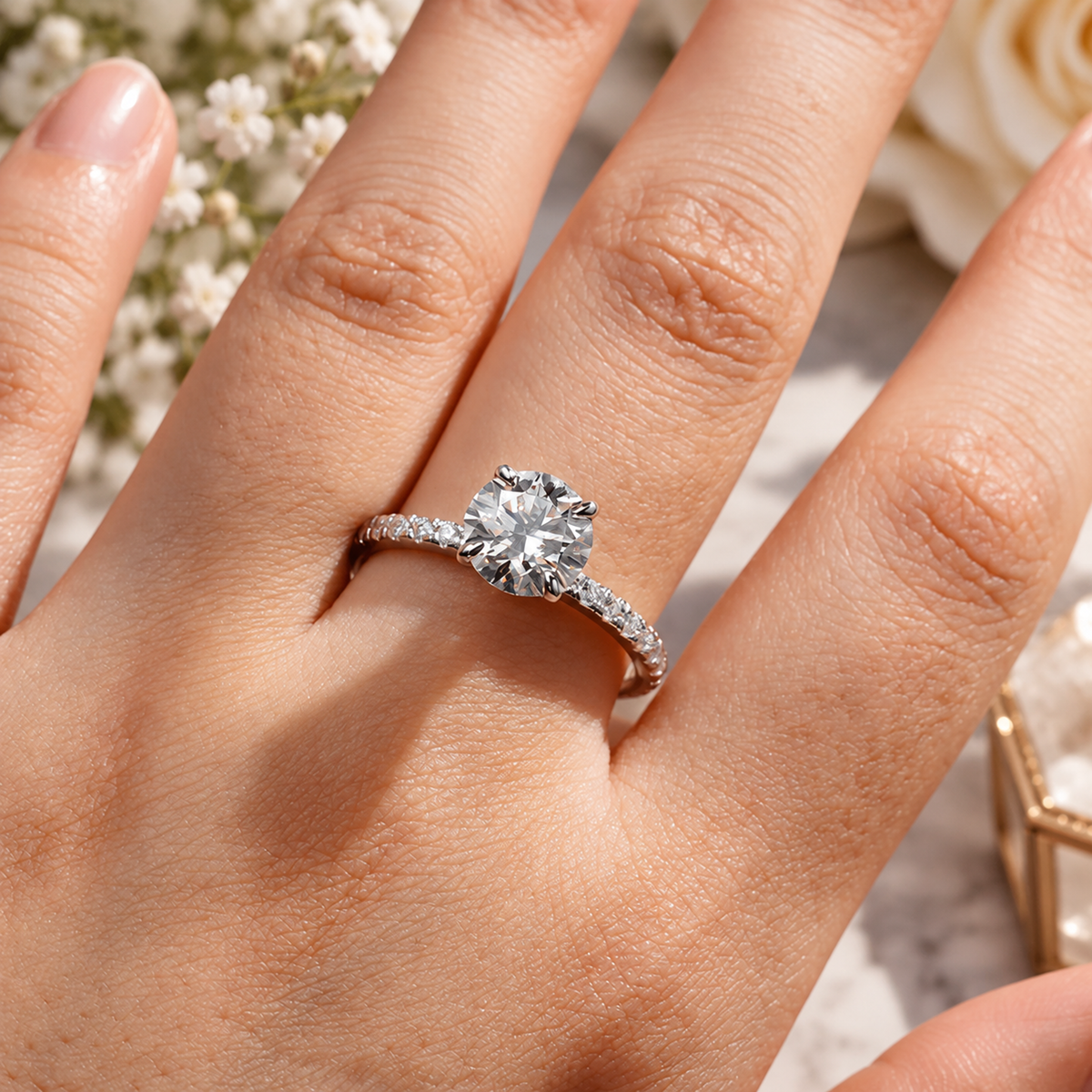 On-hand top view of round brilliant moissanite engagement ring with micro-pave band