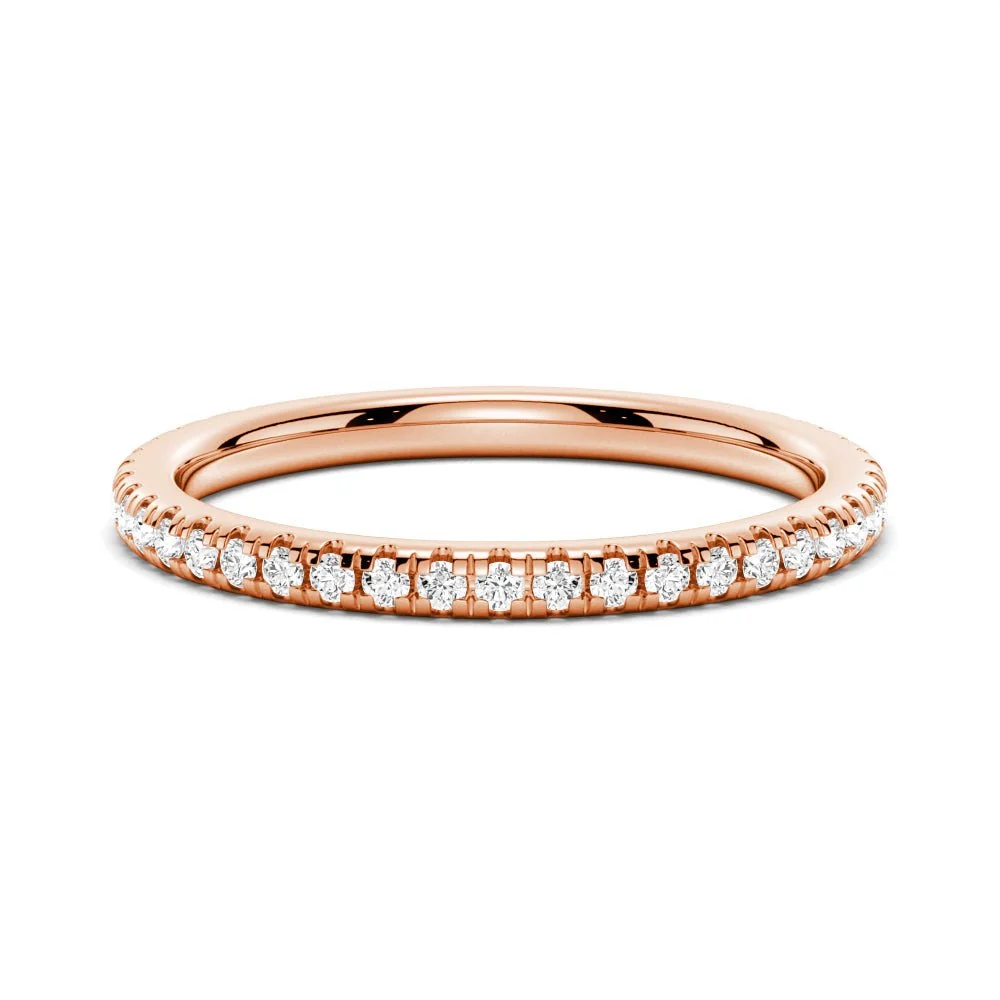 Full ring profile view of round moissanite pave wedding band in rose gold