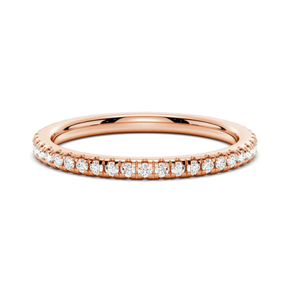 Full ring profile view of round moissanite pave wedding band in rose gold