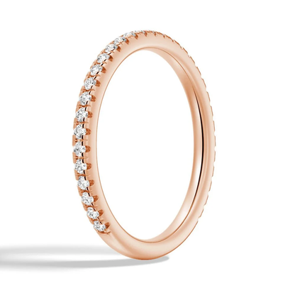 Three-quarter perspective view of 1.7mm round moissanite pave band in rose gold