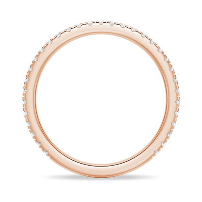 Full ring profile view of round moissanite pave wedding band in rose gold
