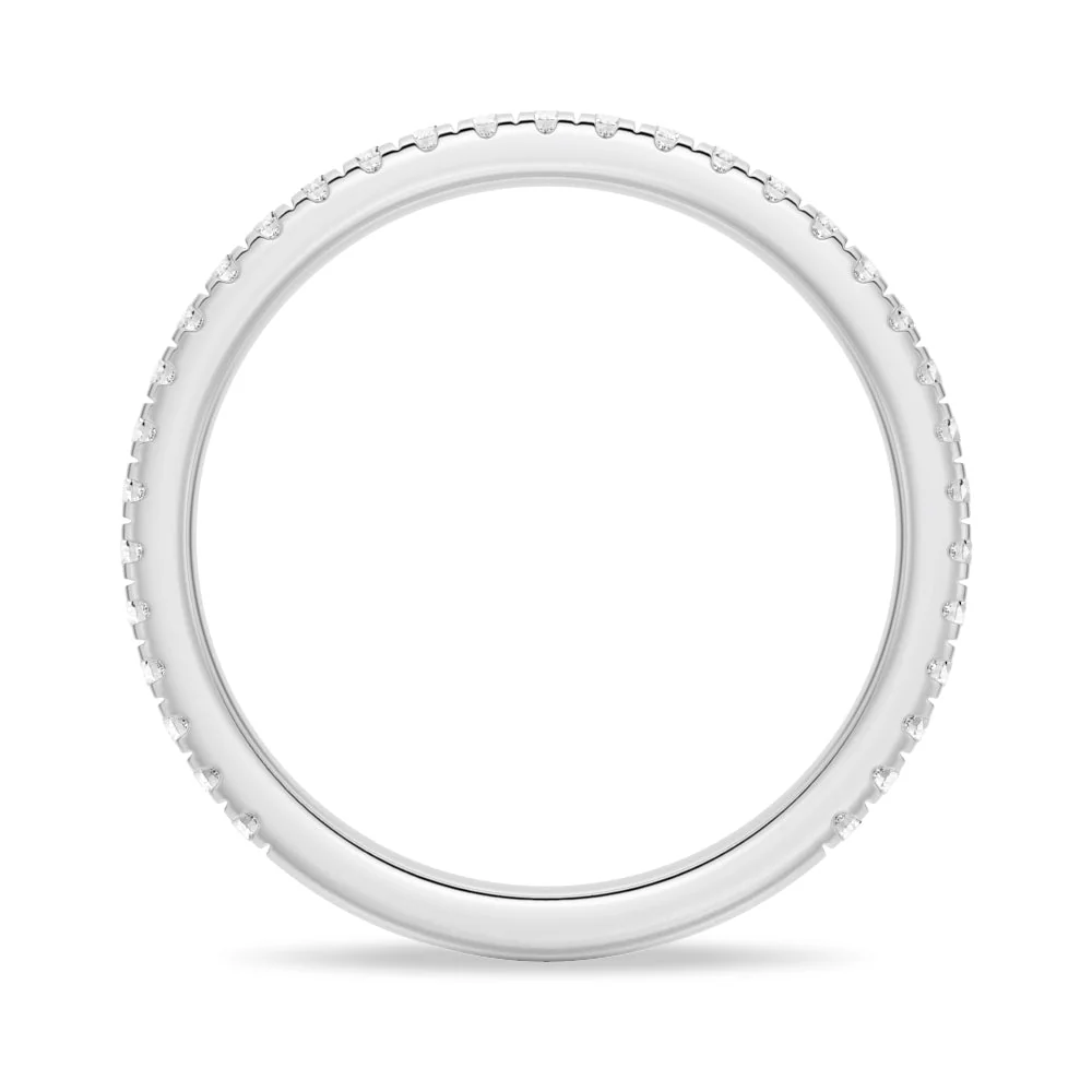 Full ring profile view of round moissanite pave wedding band in white gold