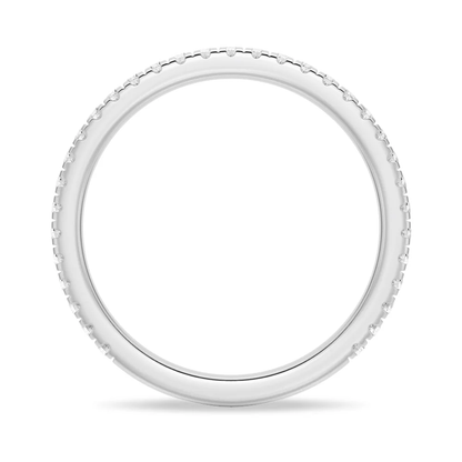 Full ring profile view of round moissanite pave wedding band in white gold