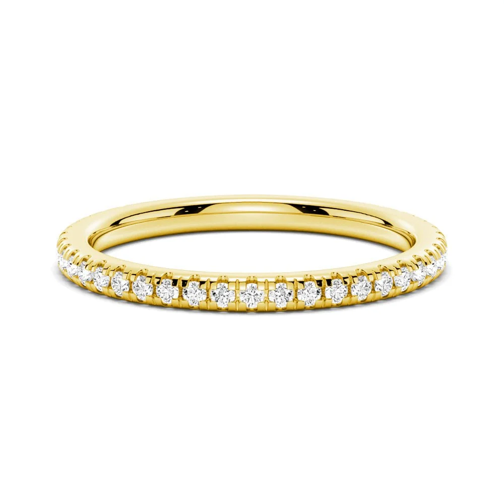 Front view of 1.7mm round moissanite pave wedding band in yellow gold