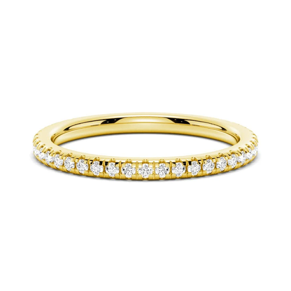 Front view of 1.7mm round moissanite pave wedding band in yellow gold