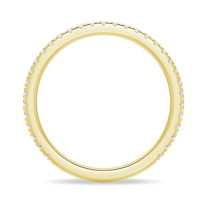 Full ring profile view of round moissanite pave wedding band in yellow gold