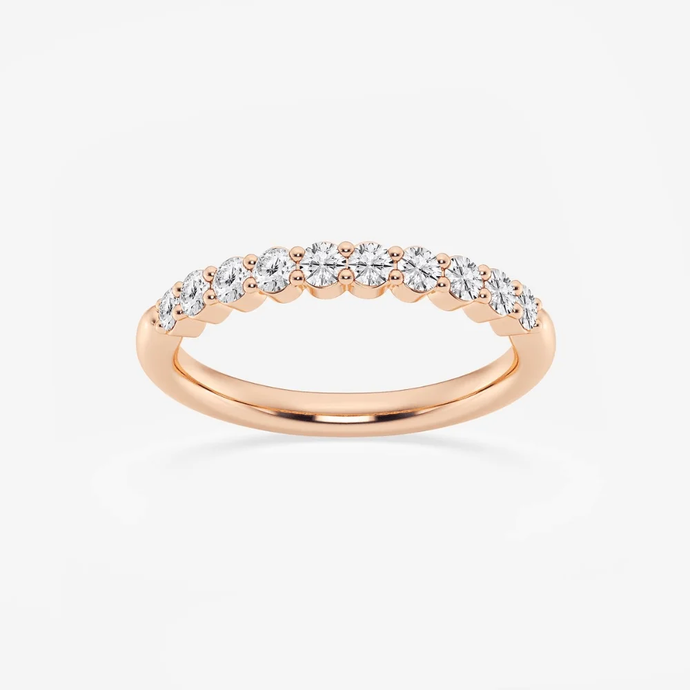 Front view of 2mm round moissanite prong-set half eternity wedding band in rose gold