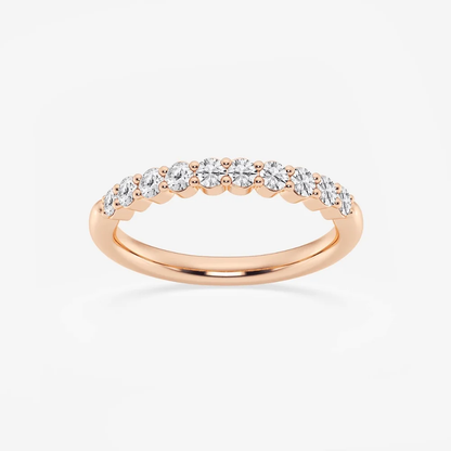 Front view of 2mm round moissanite prong-set half eternity wedding band in rose gold