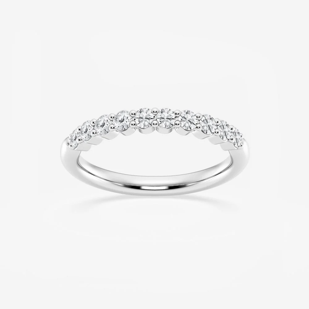 NOVELLE VOW front view of 2mm round moissanite prong-set half eternity wedding band in white gold