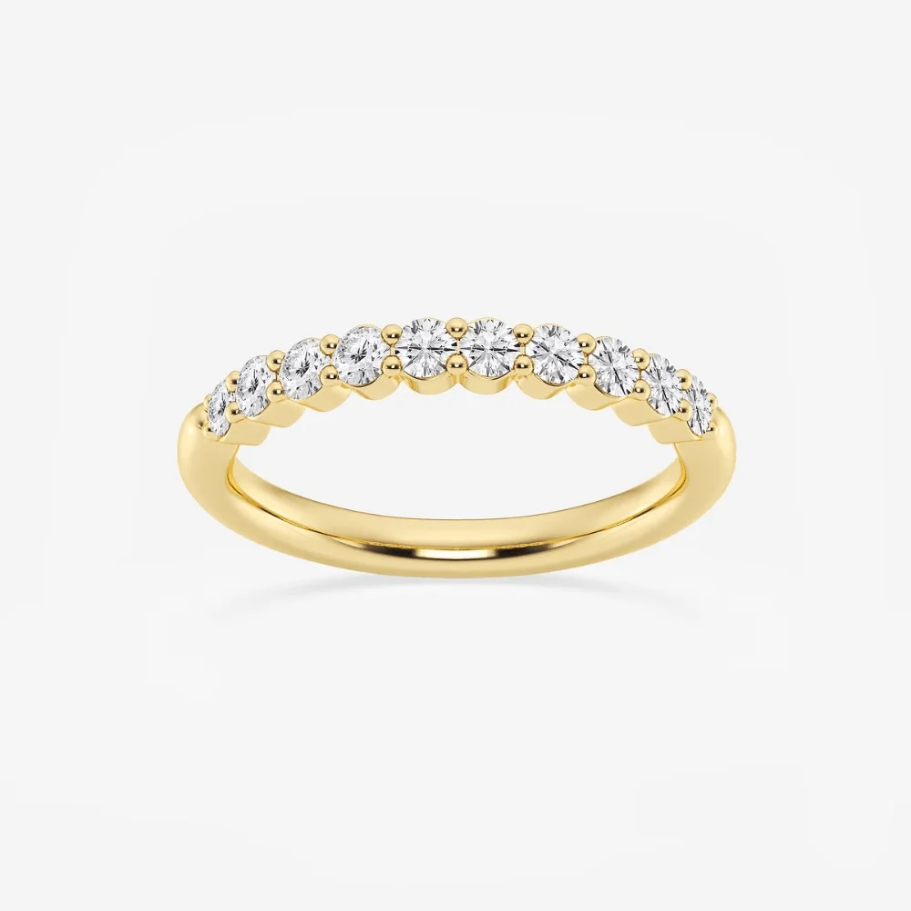 Front view of 2mm round moissanite prong-set half eternity wedding band in yellow gold