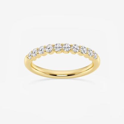 Front view of 2mm round moissanite prong-set half eternity wedding band in yellow gold