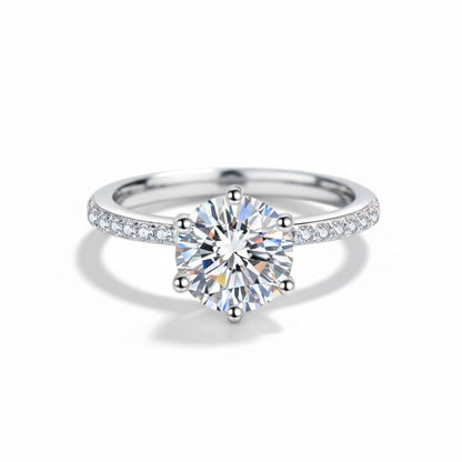 Round Moissanite Engagement Ring with Pavé Band and Hidden Halo 6 Prong in White Gold - Novelle Vow