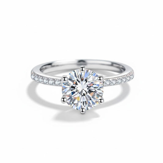 Round Moissanite Engagement Ring with Pavé Band and Hidden Halo 6 Prong in White Gold - Novelle Vow
