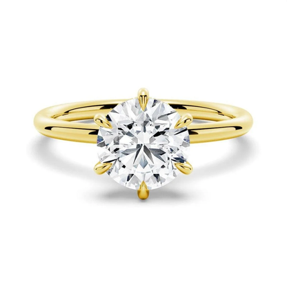 Yellow gold round cut moissanite six-prong solitaire engagement ring top view