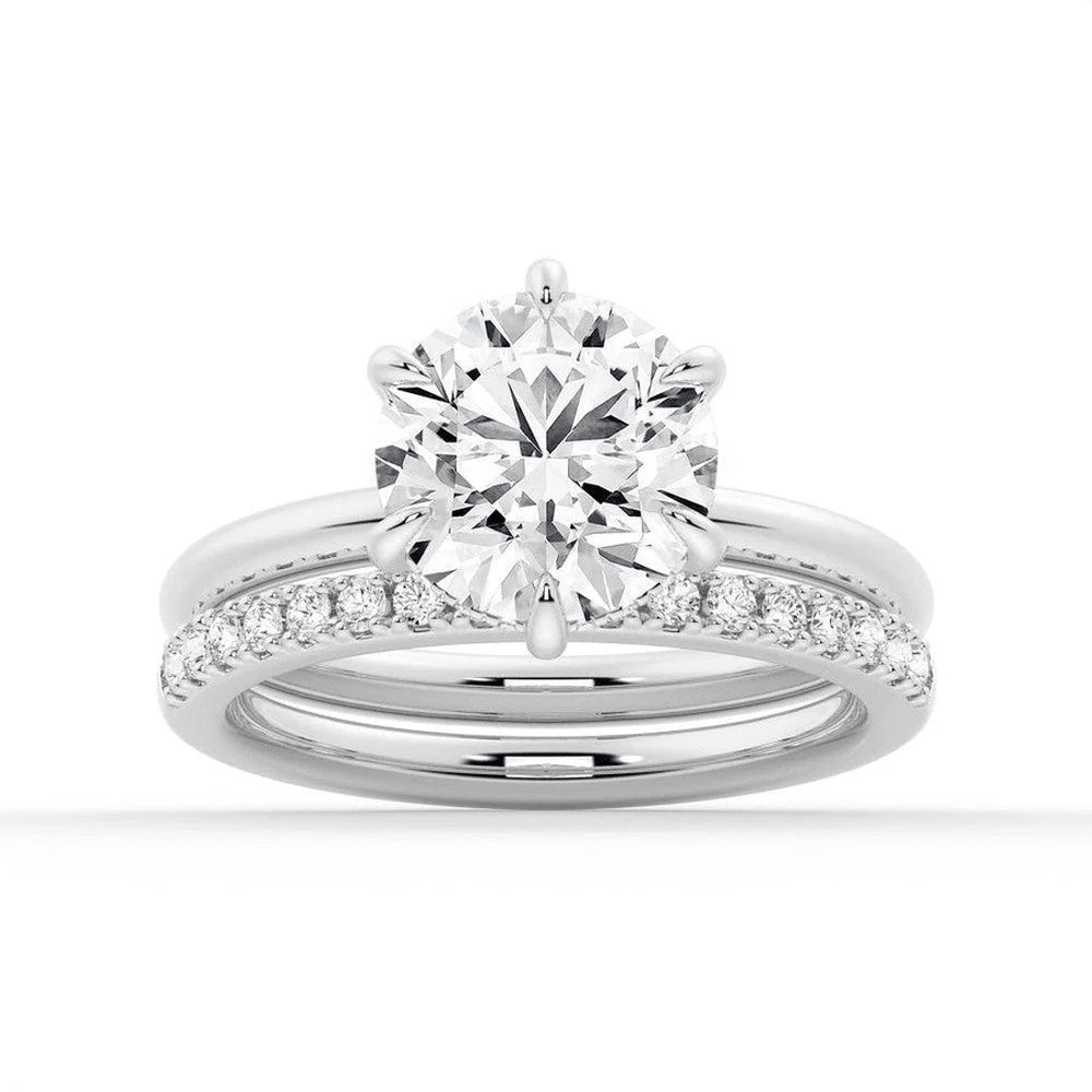 Round Moissanite Solitaire Engagement Ring and Pavé Wedding Band Set - Novelle Vow