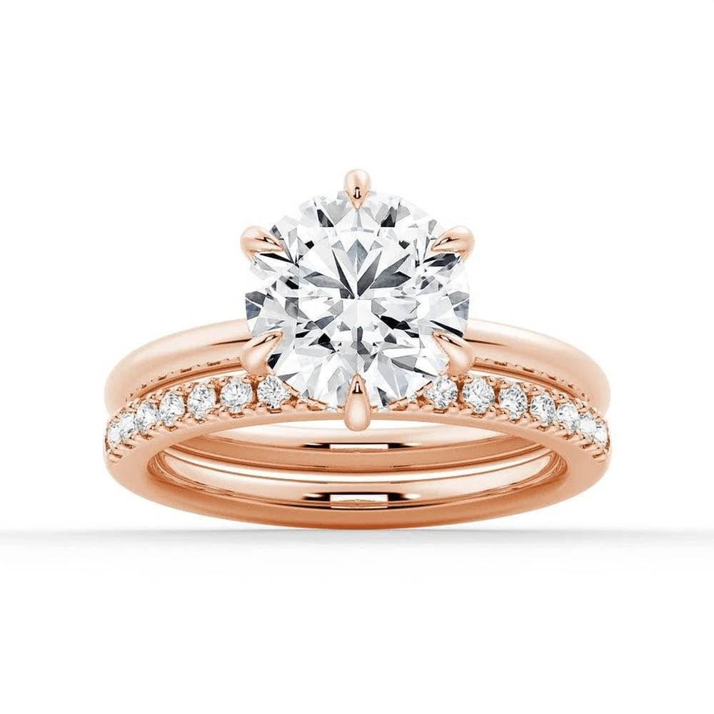 Round Moissanite Solitaire Engagement Ring and Pavé Wedding Band Set - Novelle Vow