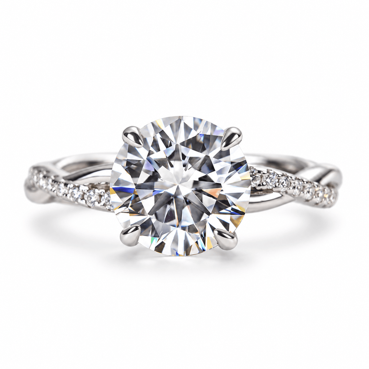 Round Moissanite Twisted Vine Engagement Ring with Half-Pavé Band - Novelle Vow
