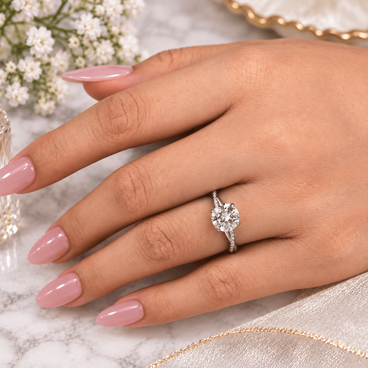 Round Moissanite Twisted Vine Engagement Ring with Half-Pavé Band - Novelle Vow