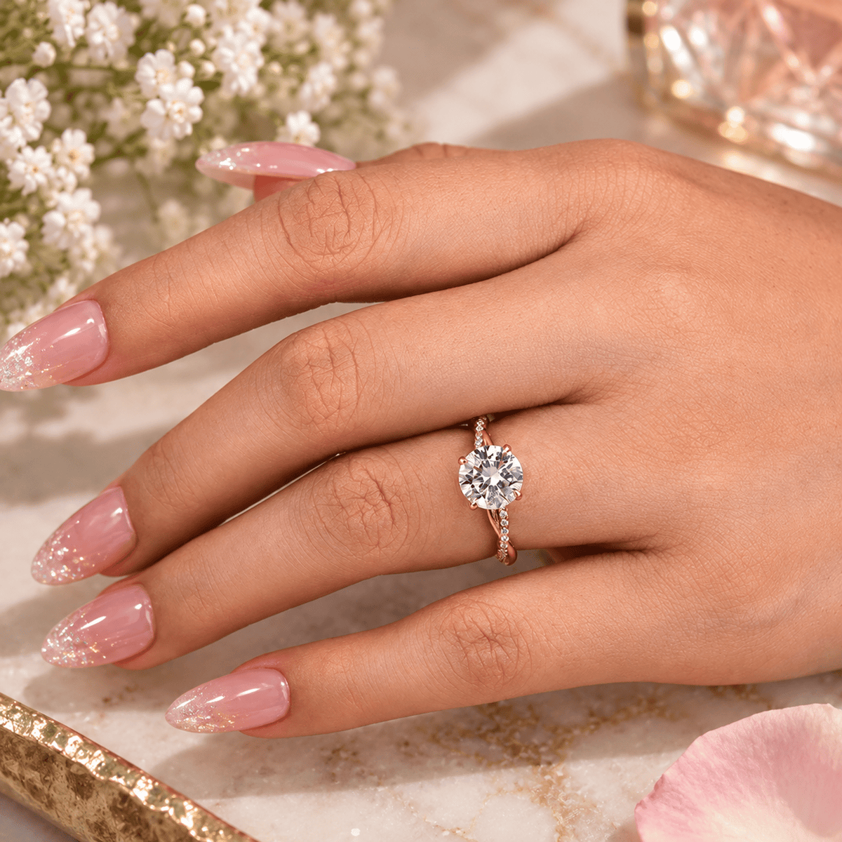 Round Moissanite Twisted Vine Engagement Ring with Half-Pavé Band - Novelle Vow