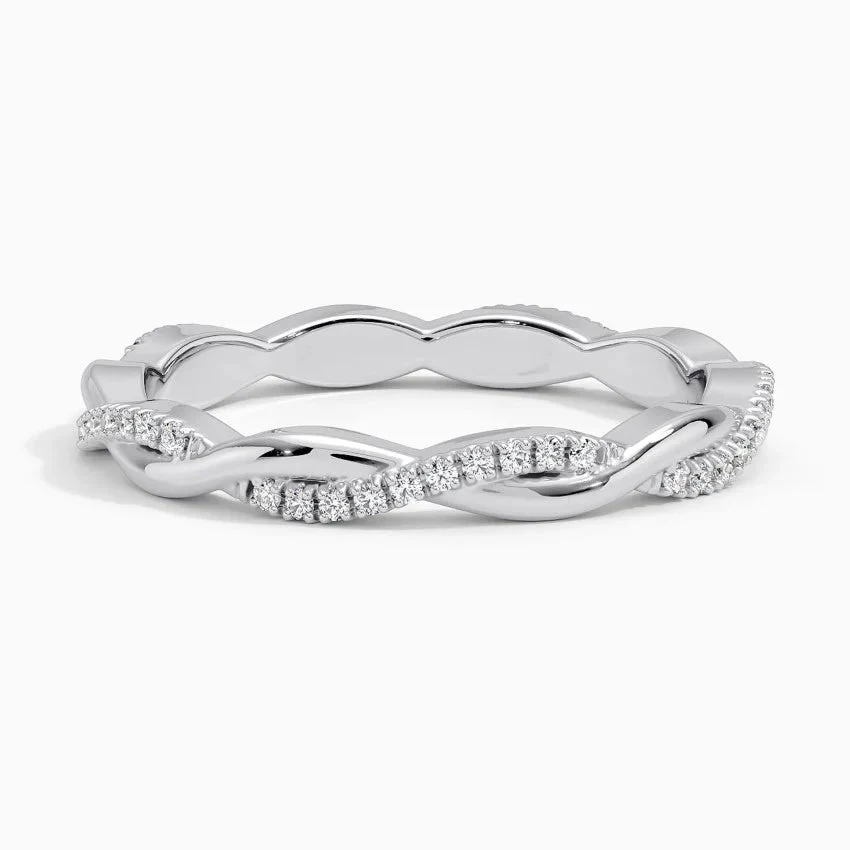 NOVELLE VOW front view of scalloped pave round moissanite twist wedding band in white gold color