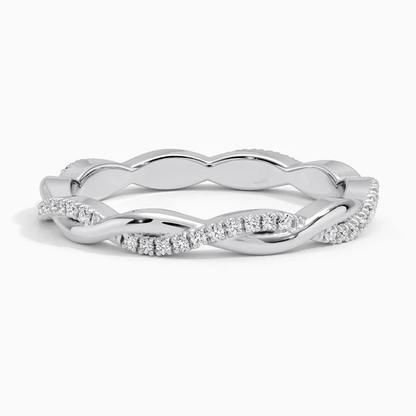 NOVELLE VOW front view of scalloped pave round moissanite twist wedding band in white gold color