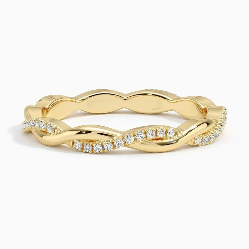 Front view of scalloped pave round moissanite twist wedding band in yellow gold color