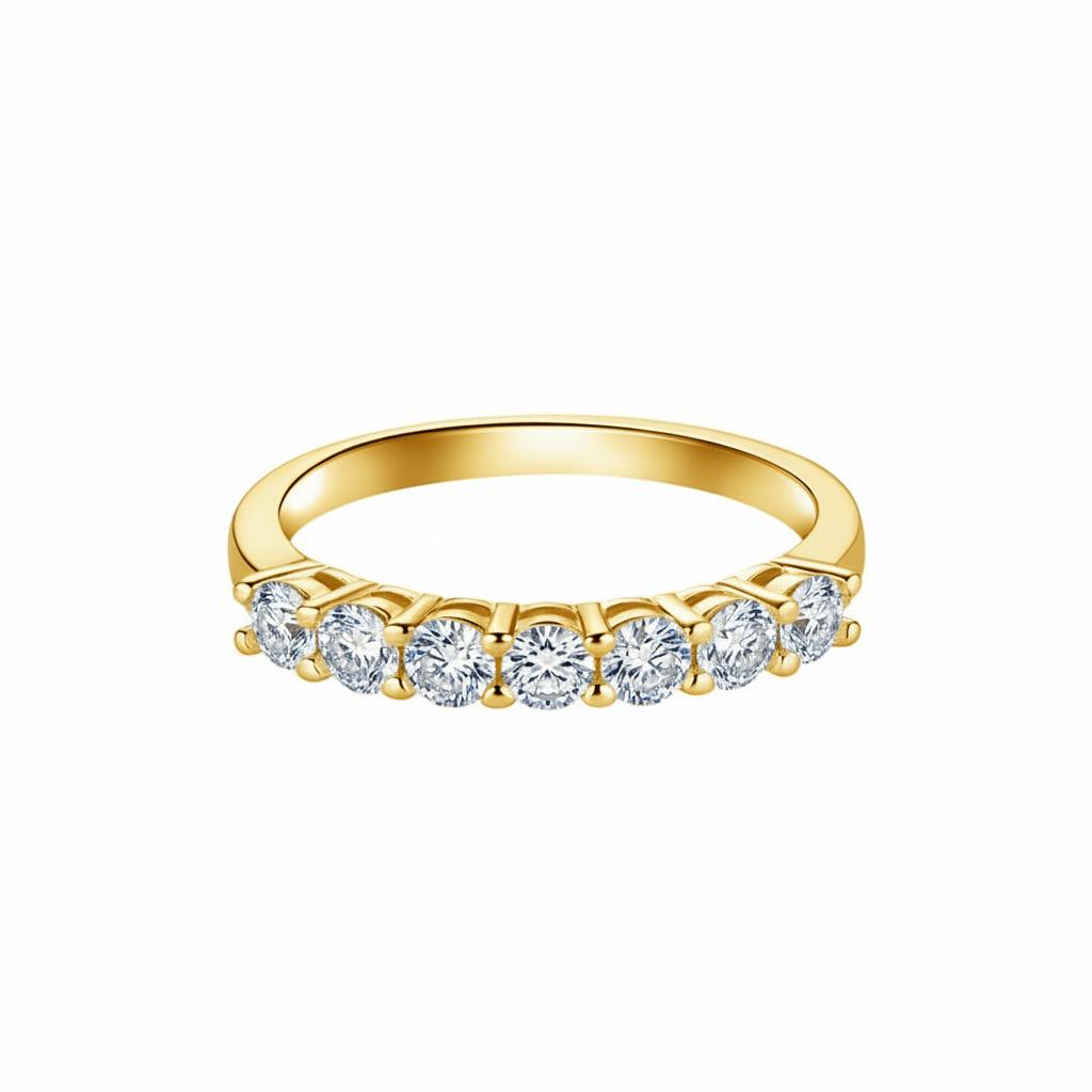 7 Stone Round Moissanite Wedding Band with Shared Prong Setting in Yellow Gold - Novelle Vow