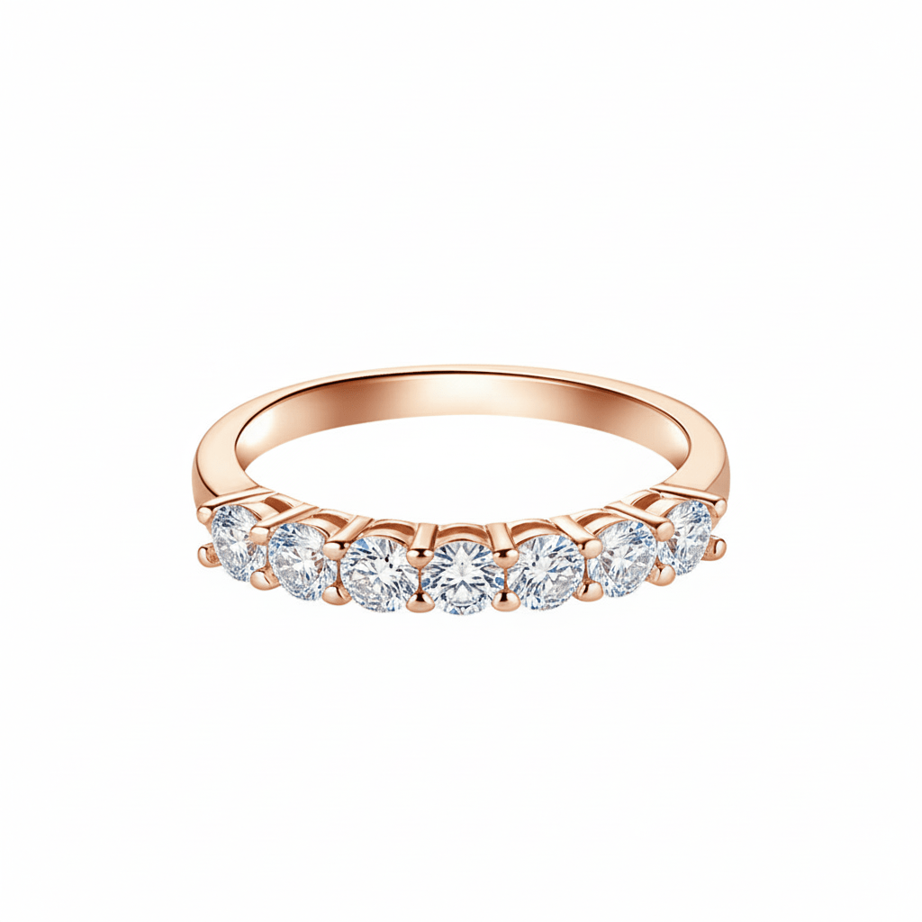 7 Stone Round Moissanite Wedding Band with Shared Prong Setting in Rose Gold