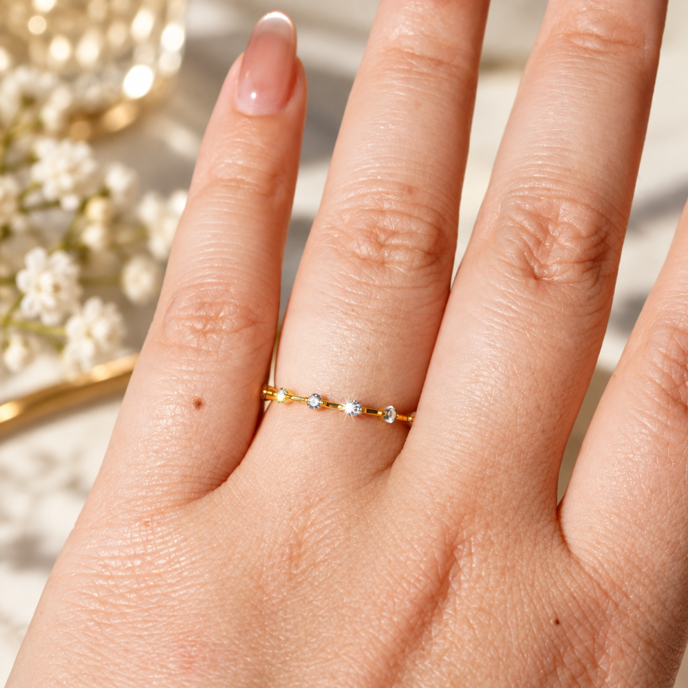 Yellow Petite Round Shaped Moissanite Wedding Band On Hand
