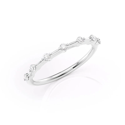 Three quarter angled view of white gold seven stone moissanite ring