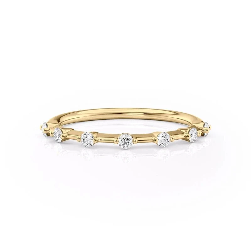 Front view of yellow gold seven stone round moissanite wedding band