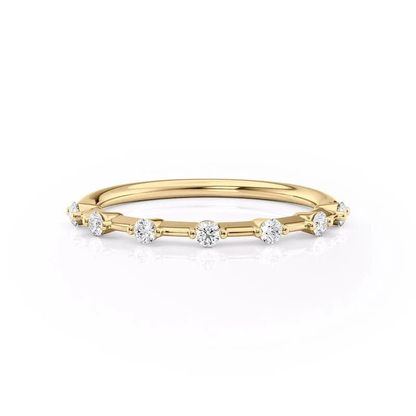 Front view of yellow gold seven stone round moissanite wedding band