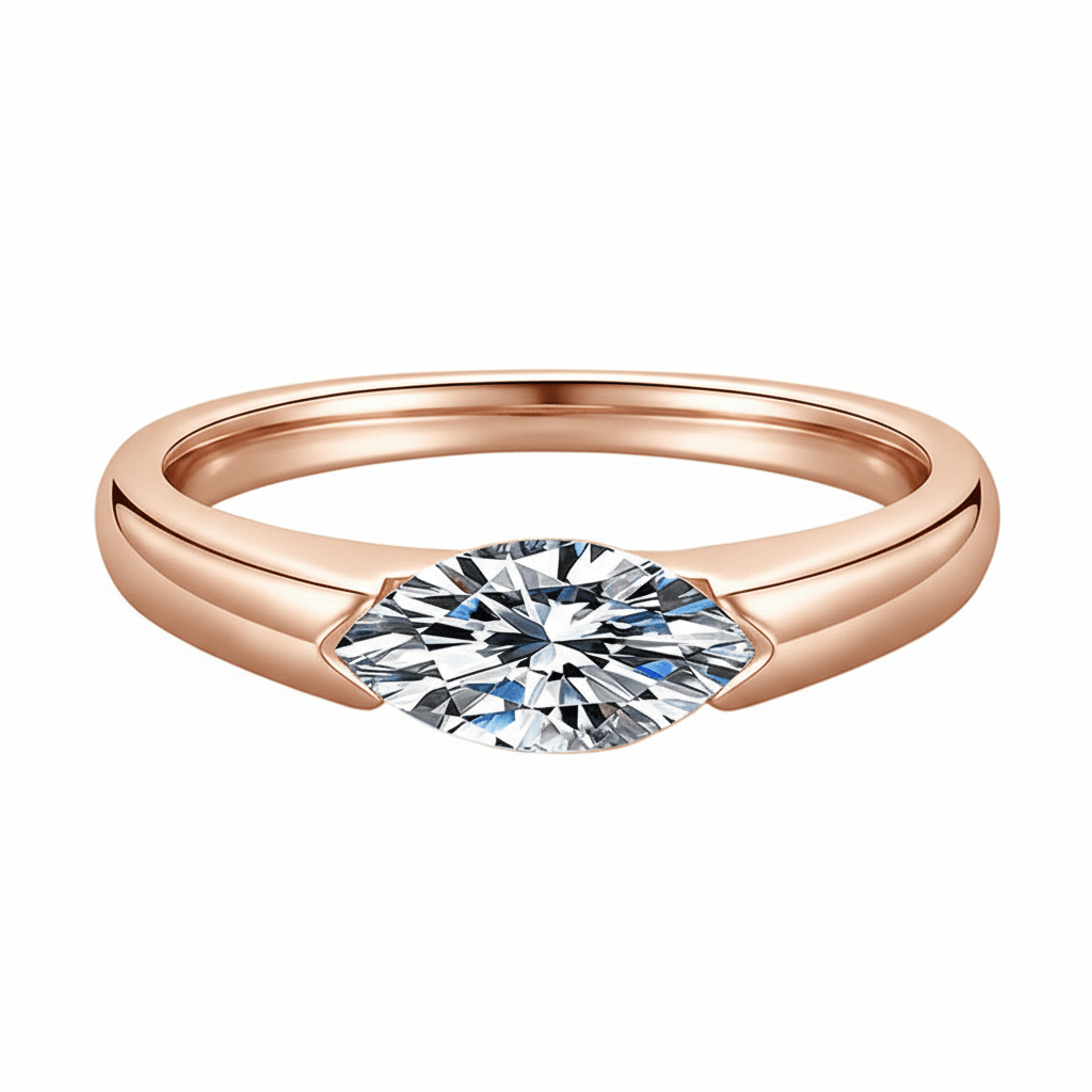 East West Marquise Cut Moissanite Ring with Simple Bezel Setting in Rose Gold 