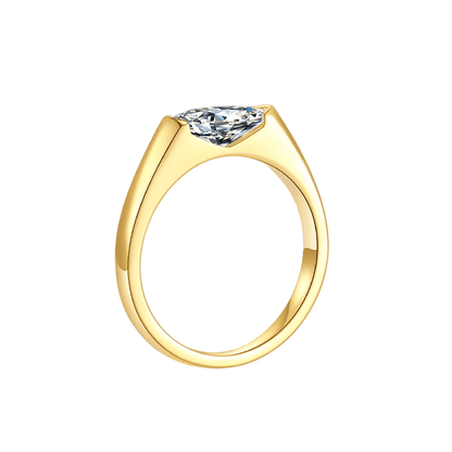 Profile view of East West Marquise Cut Moissanite Ring with Simple Bezel Setting in Yellow Gold 