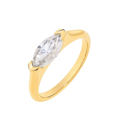 Angled profile view of East West Marquise Cut Moissanite Ring with Simple Bezel Setting in Yellow Gold 