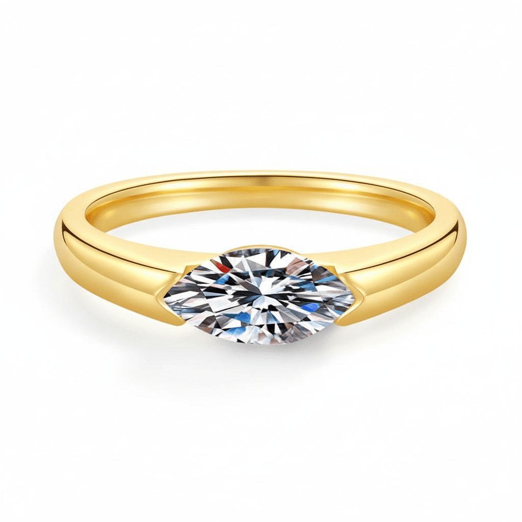 East West Marquise Cut Moissanite Ring with Simple Bezel Setting in Yellow Gold - Novelle Vow