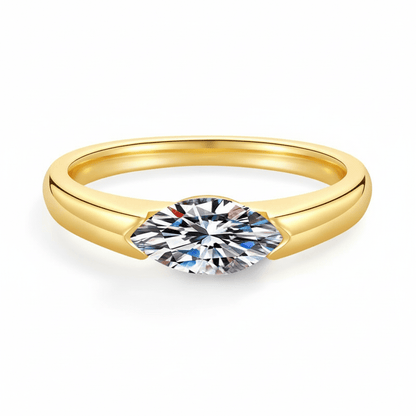 East West Marquise Cut Moissanite Ring with Simple Bezel Setting in Yellow Gold - Novelle Vow