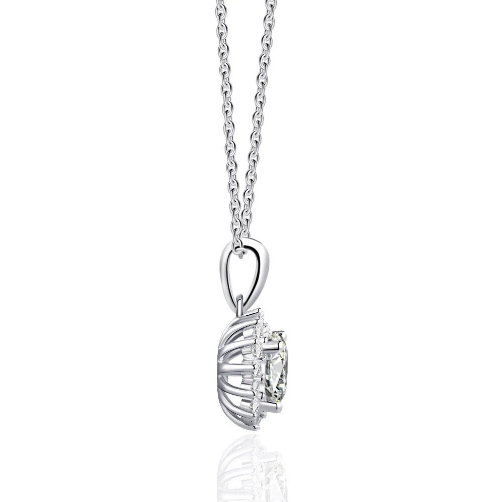Sunburst round moissanite floral halo pendant necklace direct side profile view showing basket and bail